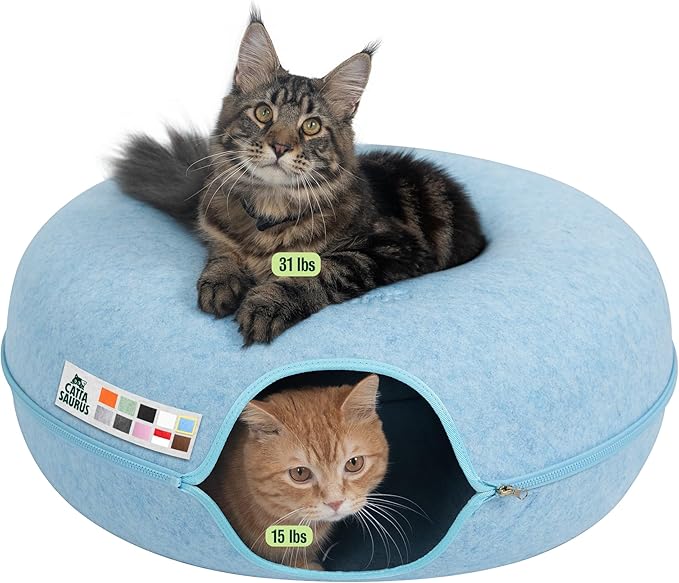 Peekaboo Cat Cave Donut for Multiple & Large Cats up to 30-45 lbs, 3-in-1 Self Warming Cat Bed, Tunnel & Scratcher for Indoor Cats, Washable & Detachable Small Dog Bed (Blue, Jumbo)