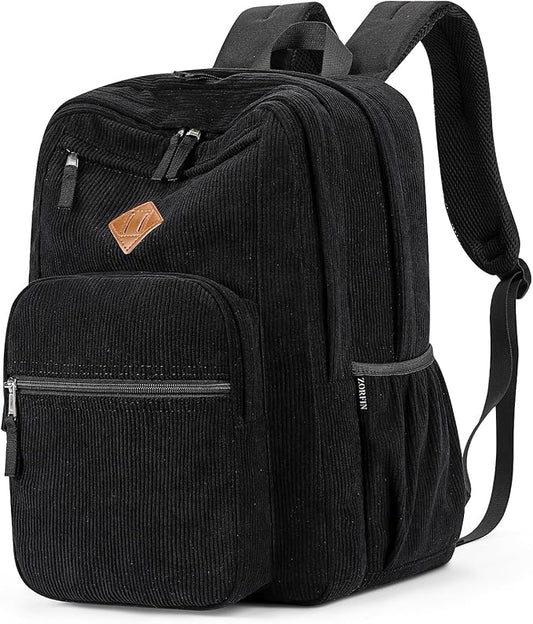 ZORFIN 26L Backpack for College, and Travel: Corduroy Bookbag - Black