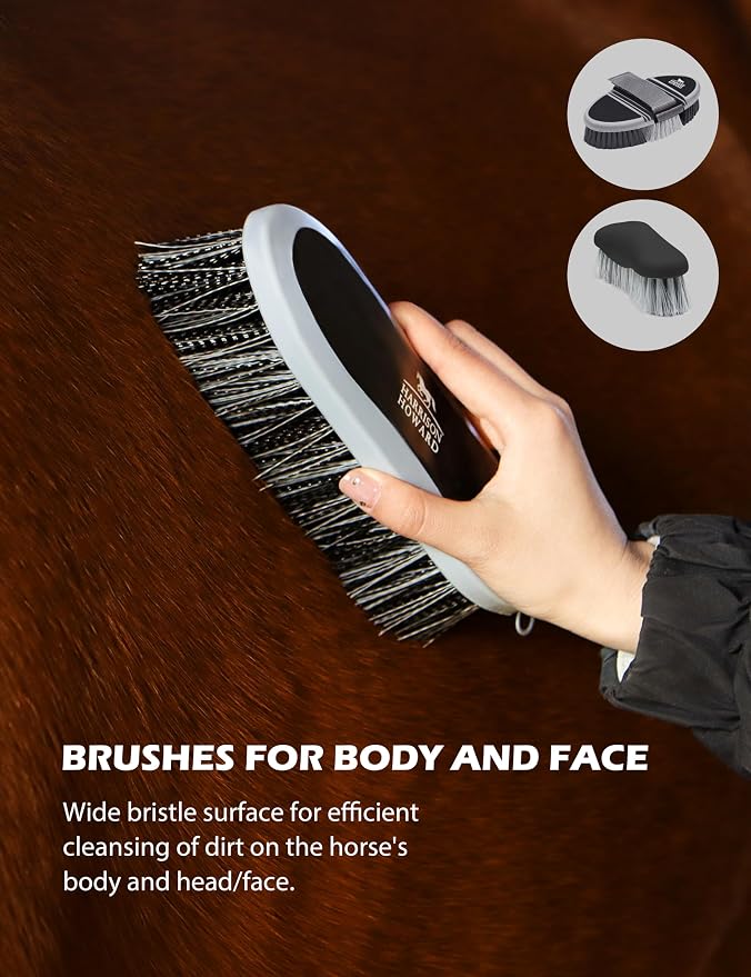 Harrison Howard Complete Horse Grooming Set, 11-Piece Advanced Daily Grooming Tools with Extra Brushes for Full Horse Care Black Brushstroke Ponies