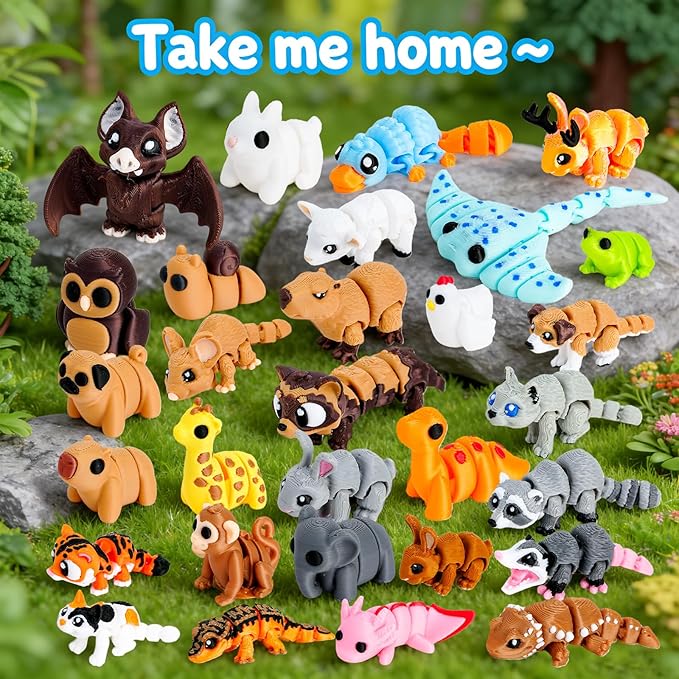 30 Pcs Mini 3D Printed Animal Statues Figurines Set Movable Joints Surprise 3D Printed Animals Cute Desk Decor Party Favors for Adults Home Office Desk Decoration Display