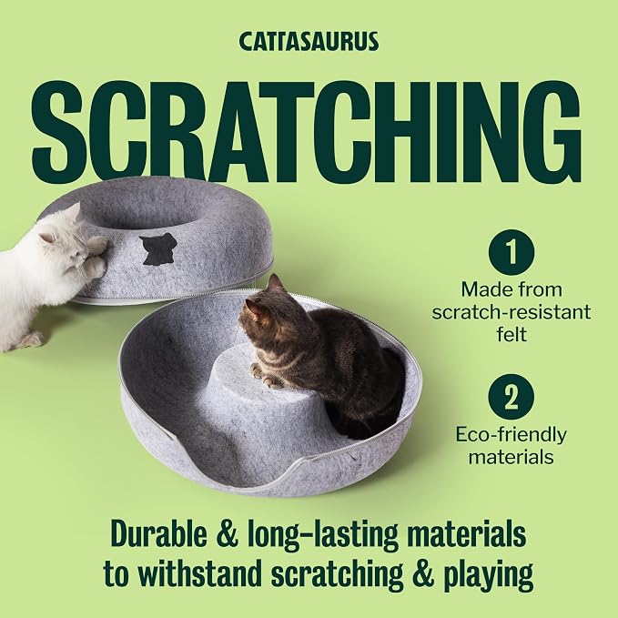 Peekaboo Cat Cave Donut for Multiple & Large Cats up to 30-45 lbs, 3-in-1 Self Warming Cat Bed, Tunnel & Scratcher for Indoor Cats, Washable & Detachable (Light Gray + Light Gray, Large)