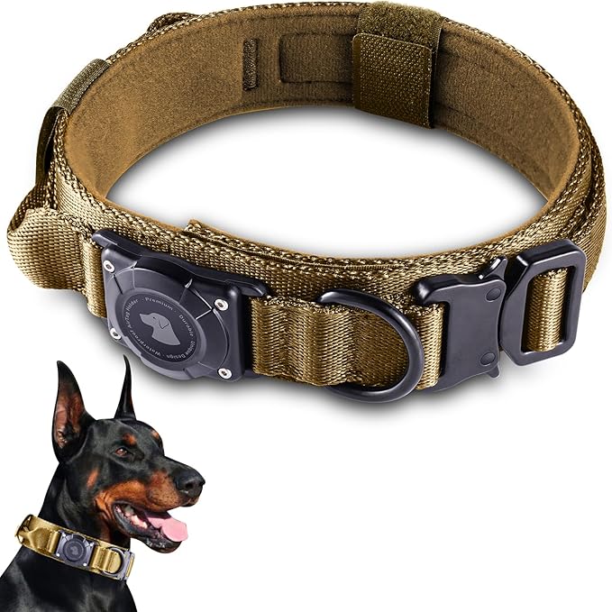 2026 Upgrade Waterproof AirTag Dog Collar, Military Tactical Dog Collar with AirTag Holder, Comfortable Control Handle and Metal Buckle, GPS Dog Collar Holder for Medium to Large Dogs (Khaki,L)