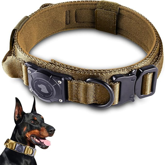 2026 Upgrade Waterproof AirTag Dog Collar, Military Tactical Dog Collar with AirTag Holder, Comfortable Control Handle and Metal Buckle, GPS Dog Collar Holder for Medium to Large Dogs (Khaki, M)