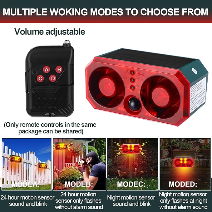 Qualirey 4 Pcs Solar Outdoor Motion Sensor Alarm Motion Sensor Animal Deterrent Dog Barking Alarm 13 Sound 130db Loud Noise Maker 4 Mode with USB Remote Control Support Recording Volume Adjustment
