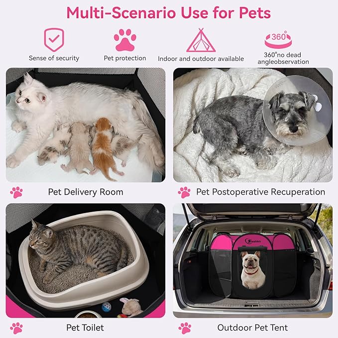 Siedihit Dog Playpen, Medium Puppy Pet Playpen, Dog Crate Tent Cage Indoor | Outdoor, Portable Pop Up Dogs Kennel Playpen with Carrying Case for Dogs/Cats/Rabbits, Hot Pink