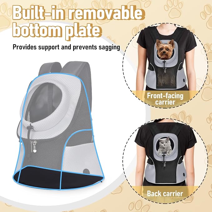WOYYHO Pet Dog Carrier Backpack, Ventilated Mesh Small Dog Front Backpack | Breathable Puppy Back Pack, with Safety Belt, Storage Pockets, for Travel Hiking Cycling Outdoor Adventures, Grey, S