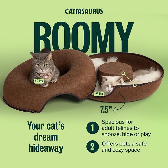 Peekaboo Cat Cave Donut for Multiple & Large Cats up to 30-45 lbs, 3-in-1 Self Warming Cat Bed, Tunnel & Scratcher for Indoor Cats, Washable & Detachable Small Dog Bed (Brown, Large)