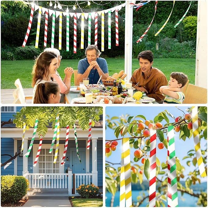 DECYOOL 3 Rolls 787 FT Bird Scare Tape Ribbon Hanging Reflective Bird Tape Ribbon for Avoid Birds Animal from House Garden Patio Lawn Orchard（Red, Green, Yellow）