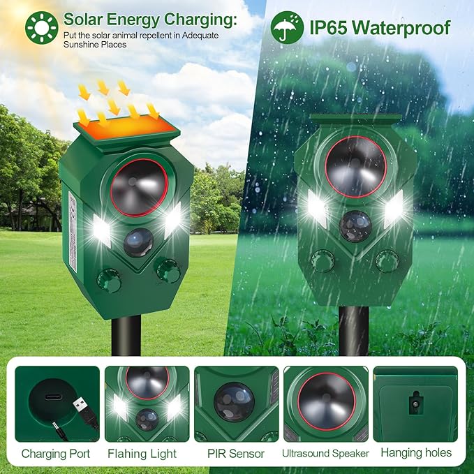 Solar Ultrasonic Animal Repellent,Cat Dog Repellent Outdoor,Solar Animal Repeller with Motion Sensor,Waterproof Rabbit Repeller with Flahing Light for Yard Skunks,Raccoon Birds Squirrels Deer-4 Pack