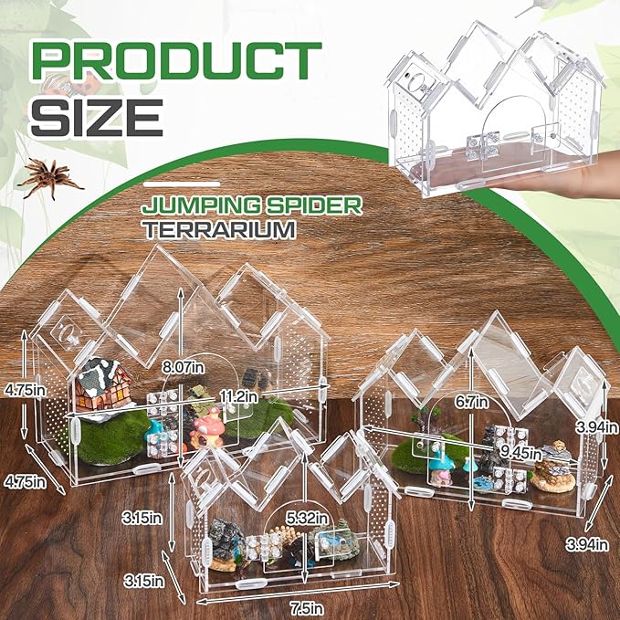Weysat Jumping Spider Enclosure 7.5" x 3.15" x 5.3" Acrylic Tarantula Enclosure Castle Style Insect Terrarium with Magnetic Door Transparent Terrarium for Reptiles, Amphibians and Spiders
