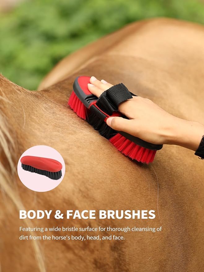 Harrison Howard Horse Grooming Kit 9 Piece with Tote Bag, Non-Slip Horse Brush Set for Shedding, Bathing, Hoof Care, Mane & Tail Grooming, Equine Grooming Supplies Red