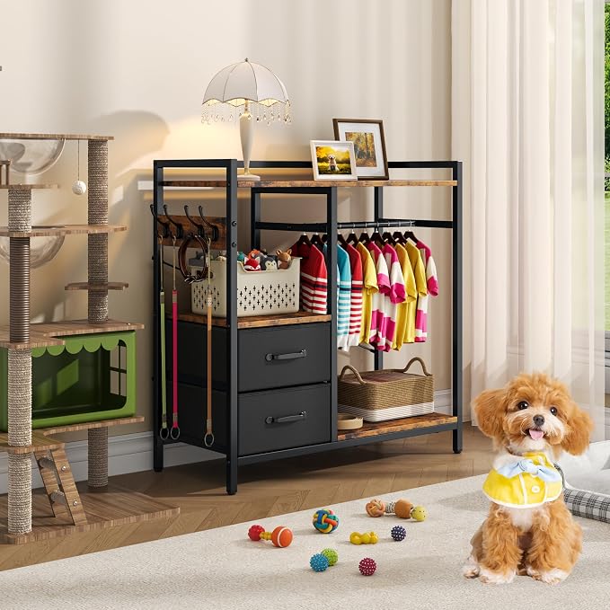 kepptory Dog Closet with Drawers & 4 Hooks, Freestanding Pet Garment Rack for Dog Clothes & Cat Accessories, Pet Supply Storage Organizer, Metal Frame Industrial Style