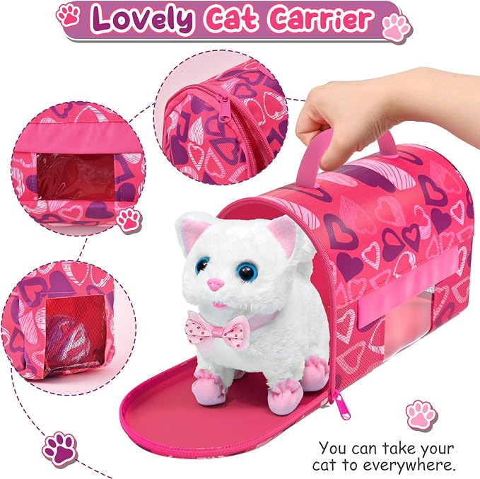 Golray Electronic Toy Dog and Cat for Kids Girls, 10 Pcs Puppy Pet Care Pretend Play Set 16 Pcs Kitten Carrier & Pet Groom Feed Care Set