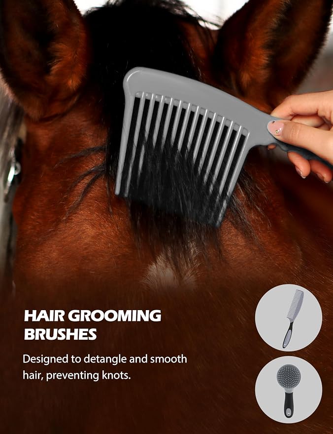 Harrison Howard Complete Horse Grooming Set, 11-Piece Advanced Daily Grooming Tools with Extra Brushes for Full Horse Care Black Brushstroke Ponies