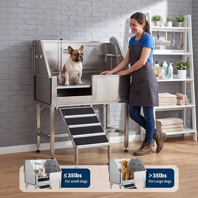 Garvee 46 Inch Stainless Steel Dog Washing Station with Walk-in Ramp, Heavy Duty Pet Grooming Bathtub, Brushed Finish, Left Door Options