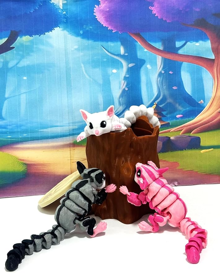 3pcs Articulating Sugar Glider Toy with 1 Tree Stump, White Pink Gray Sugar Glider Fidget Toy – Fun, Flexible & Portable Gift for Sugar Glider Lovers - 3D Printed in USA - ASG001-ASS-TS-1