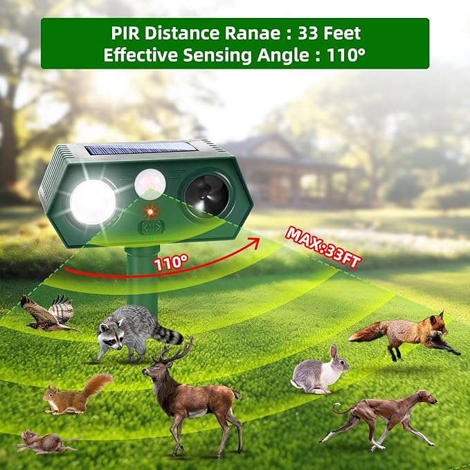 2 Pack Upgraded Solar Ultrasonic Animal Repellent Outdoor Sonic Deer Repellent Devices with Motion Sensor & Flashing Light Effective Cat, Squirrel, Raccoon, Rabbit Deterrent for Yard, Garden