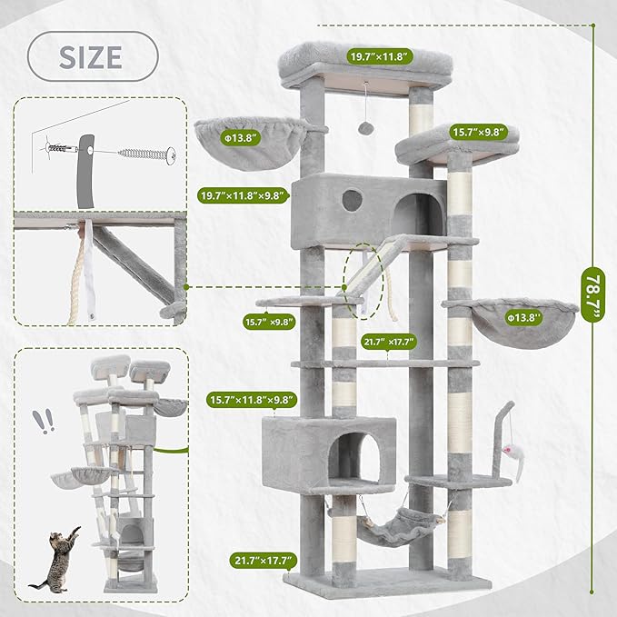 Gitelsnour Cat Tree for Large Cats, 78.7"(200cm) Tall Cat Tower for Indoor Cats Multiple Cats with Large Top Perch, Cat Condo, Cat Hammcok, Cat Scratching Post, Light Gray GCT031W
