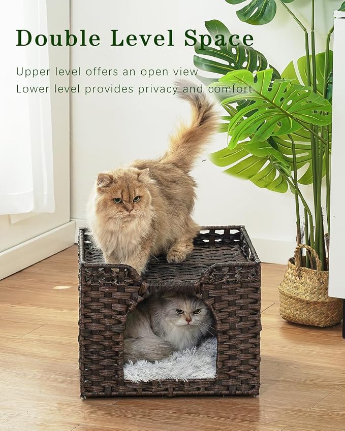 SETVSON Cat Beds Indoor Kitten House, Handwoven PE Rattan Cave, Brown | Double-Layer Rattan Pet Cube, Double-Sided Cushion Bed, Foldable Steel Frame, 2 S-Hooks, 16.5x16.5x13.2 In Hideaway