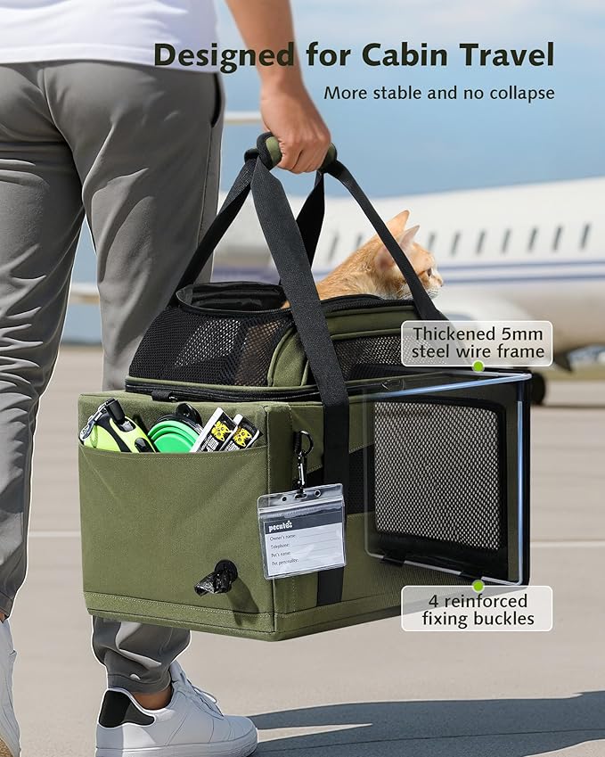 Pecute Expandable Airline Approved Pet Carrier for Cats & Dogs, Light Gray | Fits pets under 11 lbs, Under-seat airline approved, Anti-scratch mesh, Safety leash & locking zippers, Leakproof pee pad