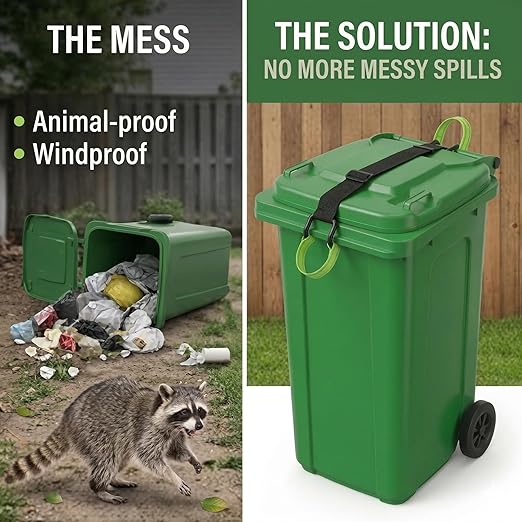 Raccoon Proof Trash Can Lid Lock Strap - Heavy Duty Metal Hooks Garbage Can Lock for Animals, Dogs, Bears - Adjustable Universal Fit, Easy-Pull Handle for Clean Hands, No Drilling - 1 Pack
