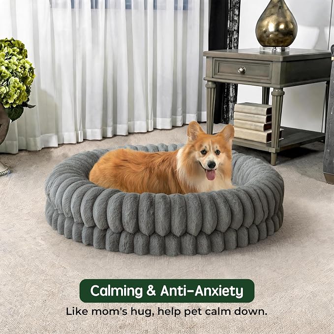 BALANCE Luxury Donut Dog Bed, 36 Inches Round Dog Beds Large Sized Dogs Washable, Orthopedic Calming Dogs Bed for Pets with Anti-Slip Bottom, Gray