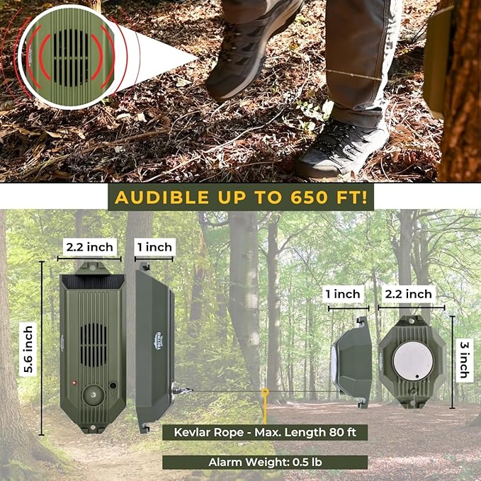 Alarme périmétrique Tactiko Wire Trip 2.0, alarme périmétrique rechargeable 129 dB – Câble de déclenchement en Kevlar de 24 m, solaire/USB, résistant aux intempéries, répulsif anti-ours pour camping, propriété, sécurité domestique (lot de 2)