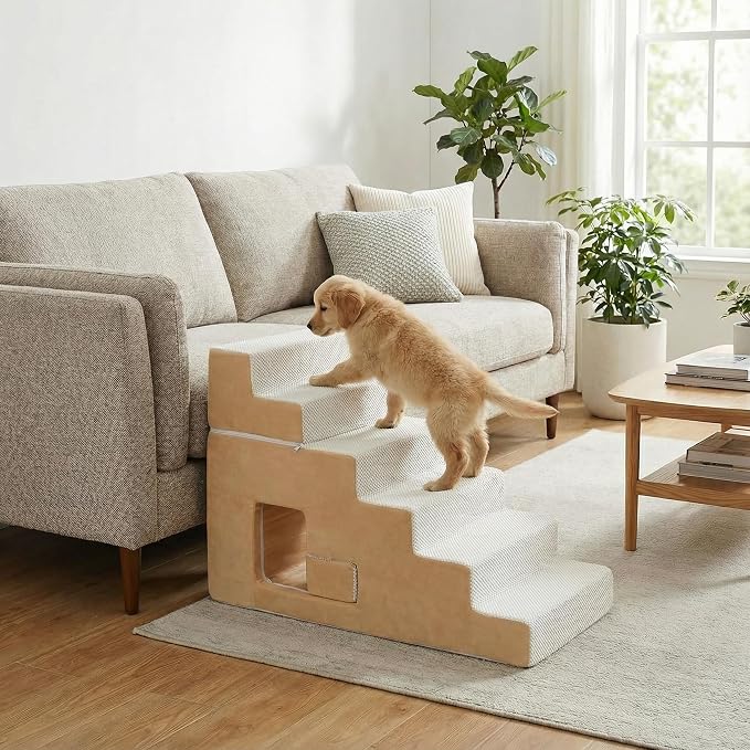 Dog Stairs for Small Dogs 27”H, 6-Step Dog Steps for High Bed, High-Density Foam Pet Stairs with Non-Slip Removable Washable Cover to Get on Bed(Beige)
