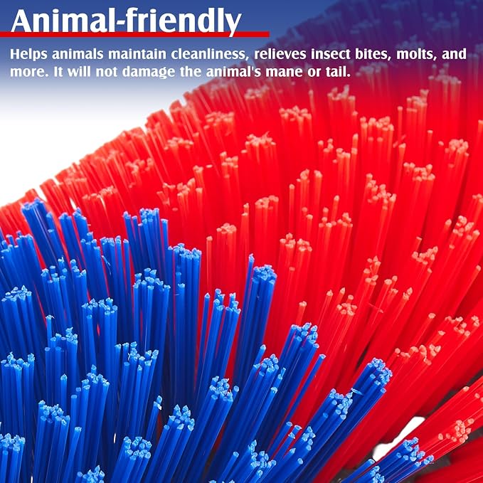 3 Pack Livestock Scratching Brush, Blue and Red | Animal Scratcher, Itch Relief Grooming, Horse Goat Cow Scratcher, Fence Post Mounting, Durable Bristles, Farm Livestock Care