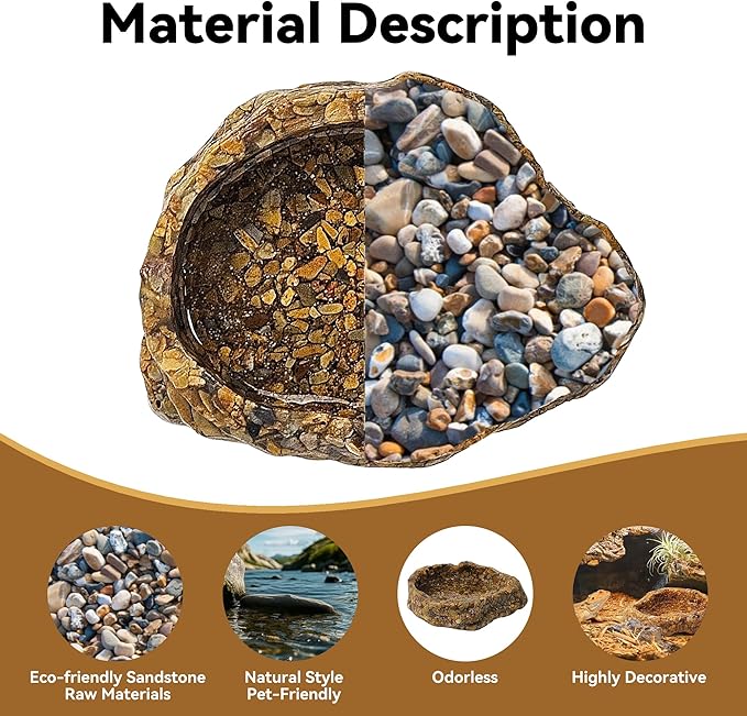 Water Dish for Amphibians，Reptile Food and Water Rock Bowls，Terrarium Decor for Reptiles and Other Little Critters，Terrarium Bowls Small Size
