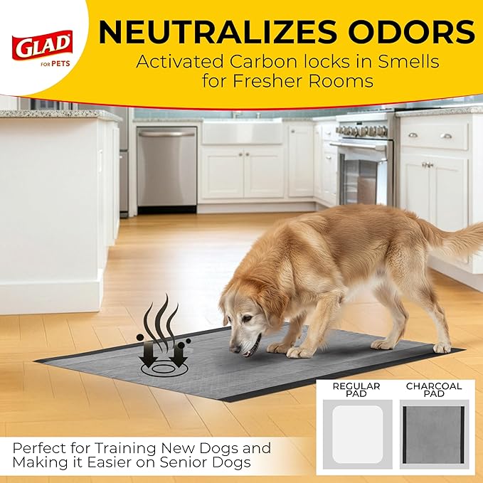 Glad for Pets Activated Carbon Dog Training Pads - Absorbent Large Disposable Dog Pee Pads for Dogs, XL Potty Pads for Dogs, Charcoal Puppy Pads with Adhesive Tabs, Jumbo Dog Pads, 28" x 30", 50 Count