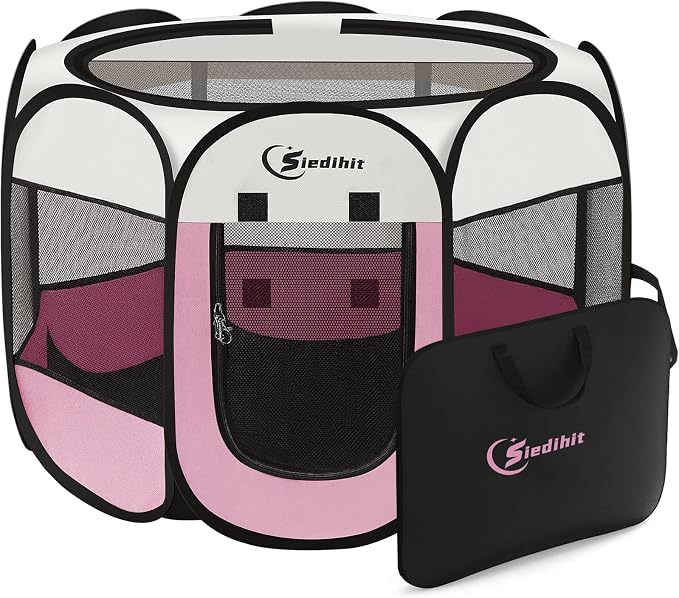 Sieidihit Dog Cat Pet Playpen Puppy Crate Cage Indoor Outdoor, Medium Pink | Nursing Rest Zone Recovering Pet Quarantine Room Portable Pop Up Easy to Set up lightweight Carrying Bag Wide applicability