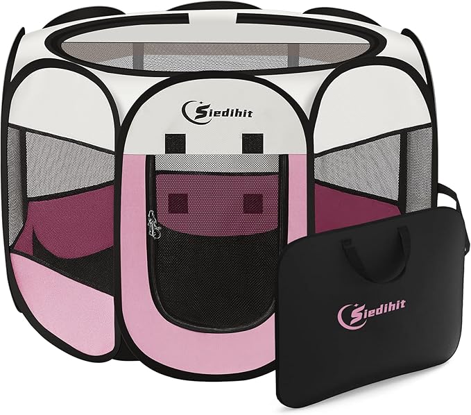 Sieidihit Dog Cat Pet Playpen Puppy Crate Cage Indoor Outdoor, Small Pink | Rest Zone for Recovering Pets New Pet Quarantine Room Portable Pop Up Easy to Set up lightweight dog Kennel with Carrying Bag