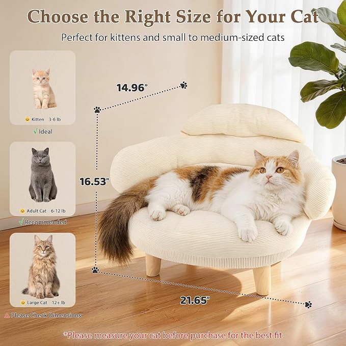 White Cat Sofa Bed, Furniture Style Pet Couch with Pine Wood Legs | Removable Cotton Velvet Cover, Cozy Cushion Design, Stylish Home Décor Pet Furniture for Cats and Small Dogs