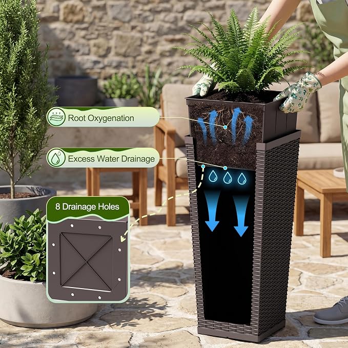 Devoko Resin Tall Planters for Outdoor Plants Set of 2, Large Taper Outdoor Planter Pots with 4 Drainage Holes, Flower Pots Modern Decor for Porch, Patio, Backyard, Home Garden (Brown, 24'')