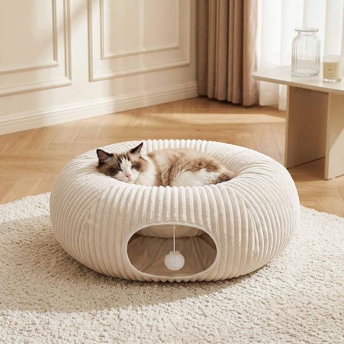 Cat Tunnel Bed with 40 Pcs Interactive Cat Toys, Cat Tube with Kitten Toys for Indoor Kittens, Collapsible Play Tunnel, White