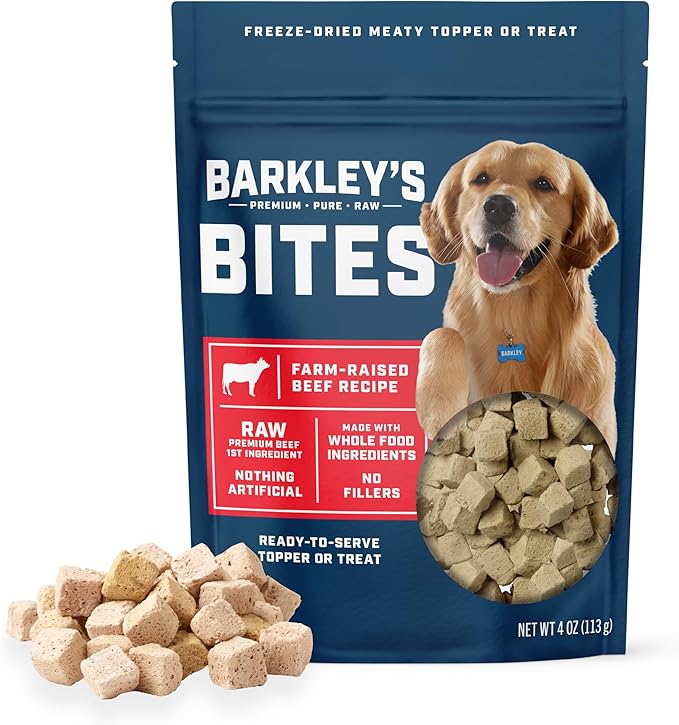 Barkley’s Bag Beef Bites, Freeze Dried Dog Treats & Food Topper, Made w/Beef, Barley, and Quinoa, Small Bite-Sized Pieces for Training Rewards, for All Dog Breeds, Ages & Sizes, 4 Oz Bag (1 Pack)