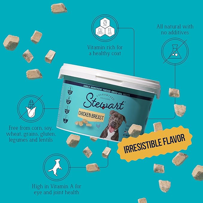 Stewart 100% Chicken Breast Dog Treats, 3 oz Tub, ~55 Pieces, Freeze Dried Raw, Single Ingredient, 74% Protein Training Treats or Meal Topper, Grain Free, Gluten Free