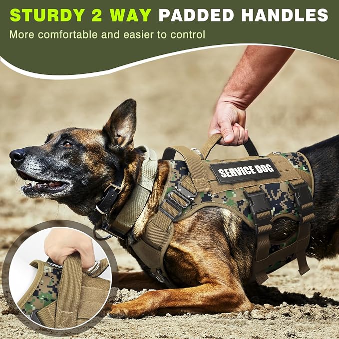 Service Dog Vest Harness for Large Dog, Tactical Working MOLLE Vest with 10 Pet Patches, No Pull Heavy Duty Harness for Training Hunting Walking