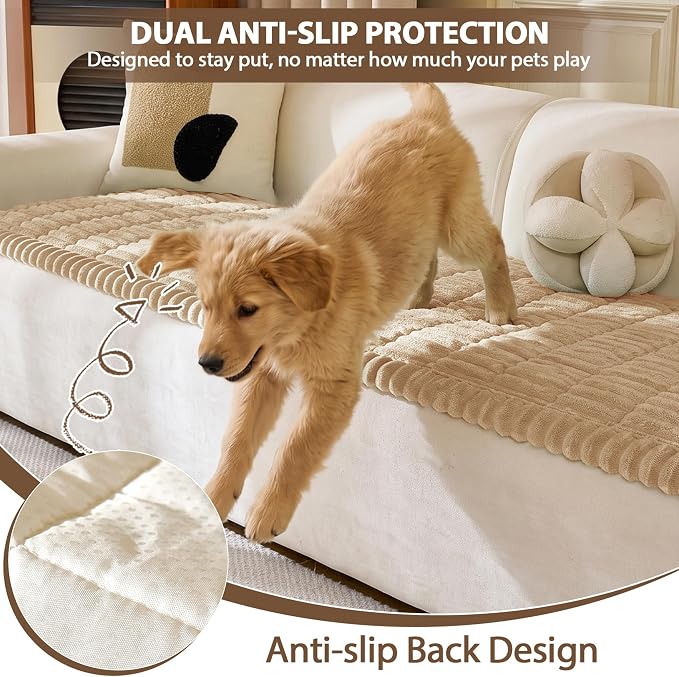 FUANGUI Waterproof Couch Cover Sofa Cover for Dogs and Pets Sofa Protector | Non-Slip Washable Fuzzy Soft Cat Bed Sofa Slipcover for 2-3 Cushion Couch Sofa Pet Friendly, Khaki, 27.6" x 94.5", 1 pcs