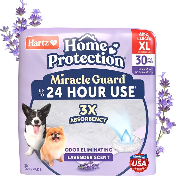 Hartz Miracle Guard Dog and Puppy Dog Pads Max Absorbency 24 Hour Use Odor Eliminating Lavender Scented No Leaks, X-Large Size 30 Count