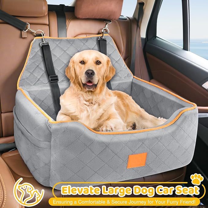 XIEEAOZEE Dog Car Seat for Large/Medium Dog, Booster Seat for Dogs Under 55Lbs or 2 Small Puppy, Detachable and Washable Travel Pet Bed with Thick Cushion and Storage Pockets (Gray)