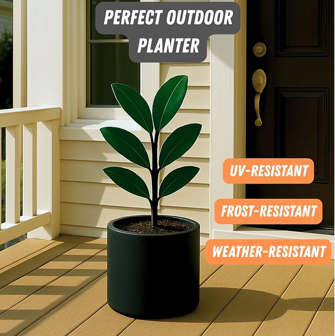 Fox & Fern Large Indoor Planter, Modern Large Plant Pot for Indoor or Outdoor, UV and Frost Resistant - 8 Inch, Matte Black Flower Pot with Drainage Plug, Lightweight