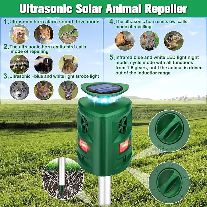 Solar Ultrasonic Squirrel Deer Repellent,Cat Repellent Outdoor,360 ° Solar Animal Repellent with Waterproof IP66 Motion Detection,Skunk Dog Raccoon Repellent Devices for Yard Garden Lawn Outdoor-Olive