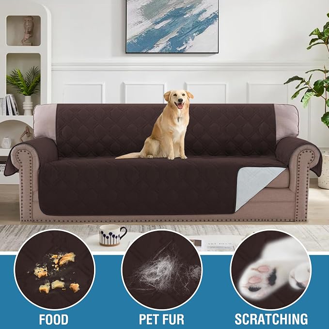 H.VERSAILTEX 100% Waterproof Couch Cover 4 Seater Sofa Slipcover Furniture Protector for Pets Kids Children Dog Cat with Non-Skid Backing (Oversized Sofa, Brown)
