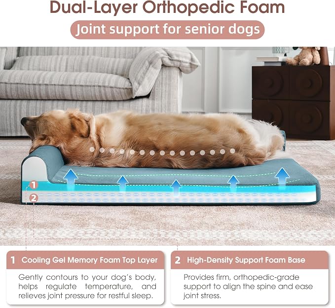 Gel Memory & High-Density Foam Orthopedic Dog Bed 44x32x7.5 Large | | Double Waterproof Cover | Machine Washable | Non-Slip Base | Fur-Resistant Tech Fabric