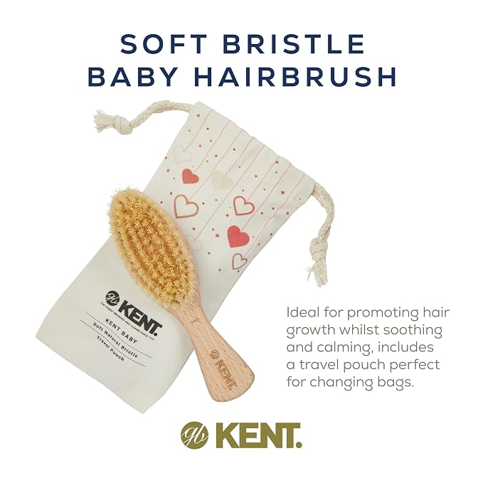 Kent BA29 Cradle Cap Baby Hair Brush with Soft Natural Bristles and Travel Pouch - Baby Essentials for Newborn Hair Brush Made in England