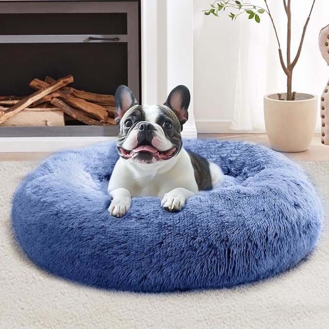 JOLLYVOGUE Calming Dog Beds Large Sized Dog, 36in Donut Washable Large Pet Bed, Anti-Slip & Anti-Anxiety Fluffy Faux Fur Round Dogs Bed, Fits up to 80 lbs Pets (Navy Blue)