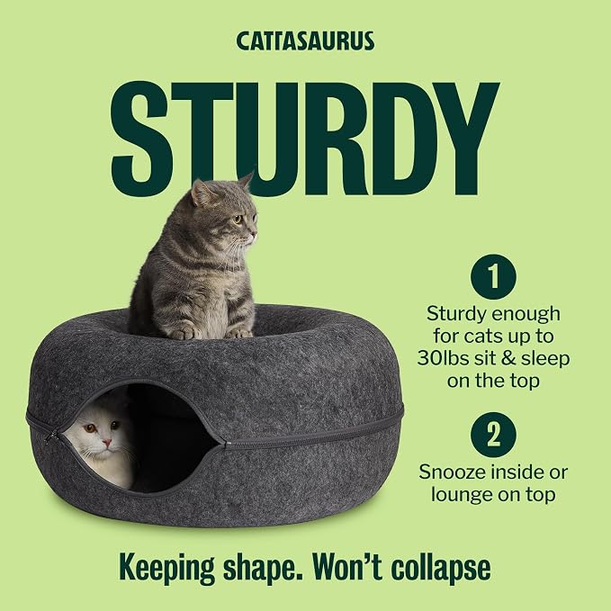 Peekaboo Cat Cave Donut for Multiple & Large Cats up to 30-45 lbs, 3-in-1 Self Warming Cat Bed, Tunnel & Scratcher for Indoor Cats, Washable & Detachable (Dark Gray + Dark Gray, Large)