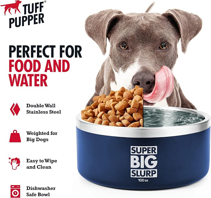Tuff Pupper 100 oz Heavy Duty Insulated Stainless Steel Dog Bowl for Large Dogs, Non-Slip Base, Dishwasher Safe